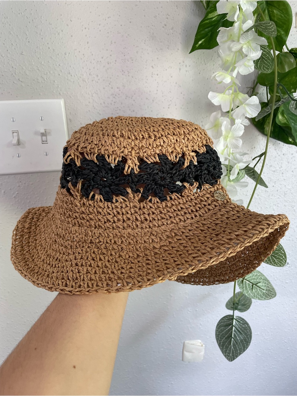 Steve Madden Raffia Crochet Sun Hat One Size Boho Beach Floppy Straw Tan